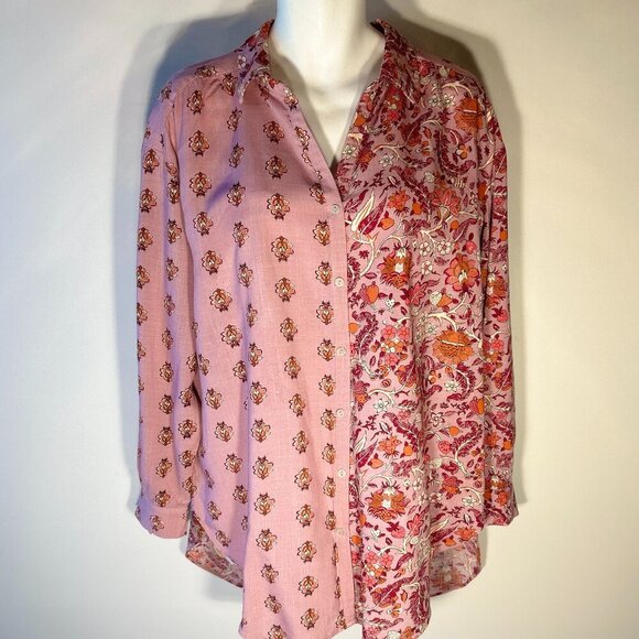 Knox Rose SZ XL Pink Linen Blend Print Button Front Shirt Boho Cottage Tunic - Picture 1 of 11